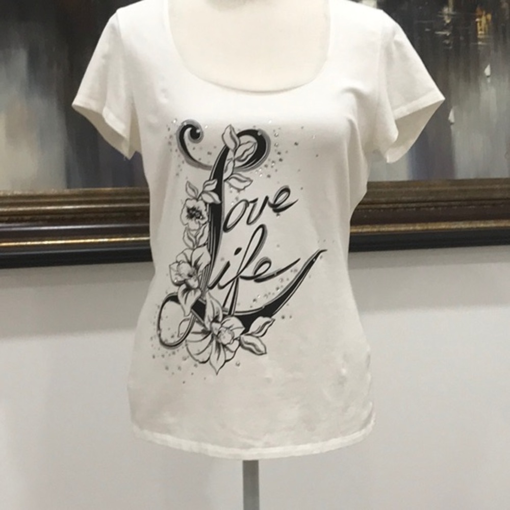 White House Black Market Graphic Cap Sleeve Tee